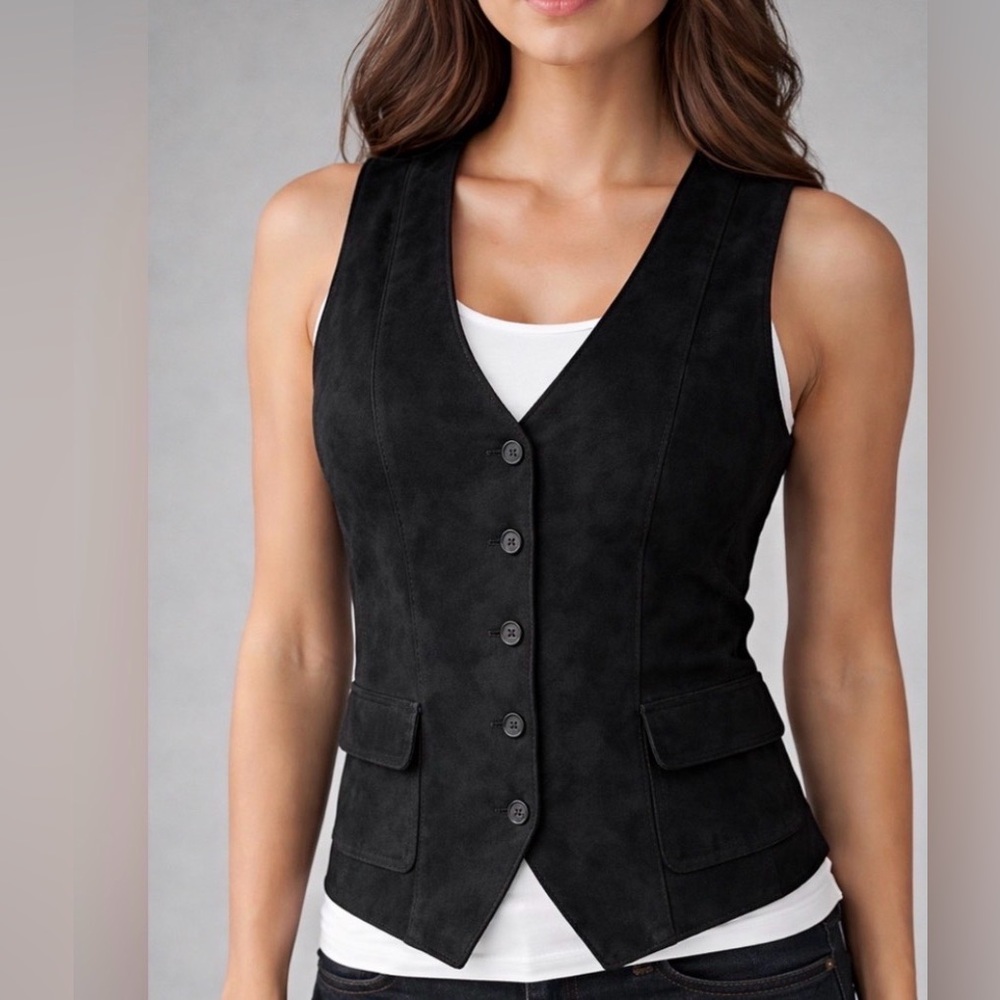Bushwacker Women’s size Medium Black Genuine Leather Vest Made in USA(A224)&✨